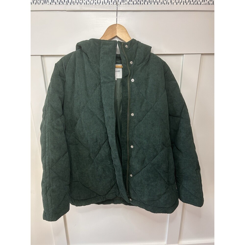 Madewell Women's Quilted Hooded Green Jacket Zip Snap Mid-Length Size S